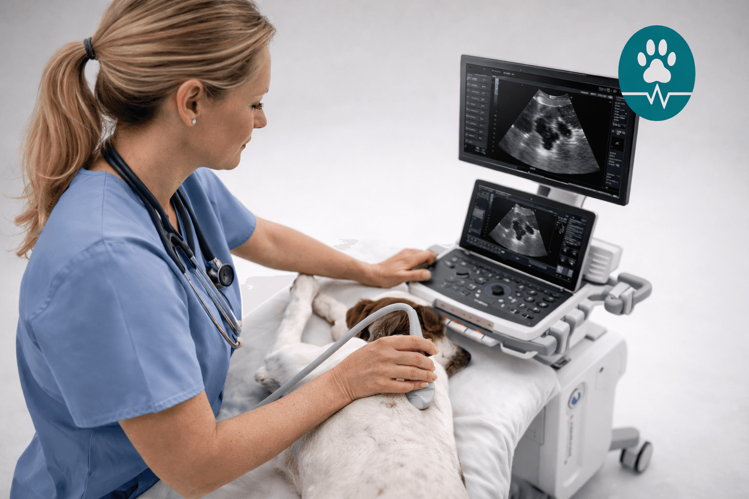 Veterinaria realizando ecografía a un perro con equipo EcoTech Vet